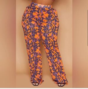 PrettyLittleThing Orange Floral Print Women's Beach Pant Flares